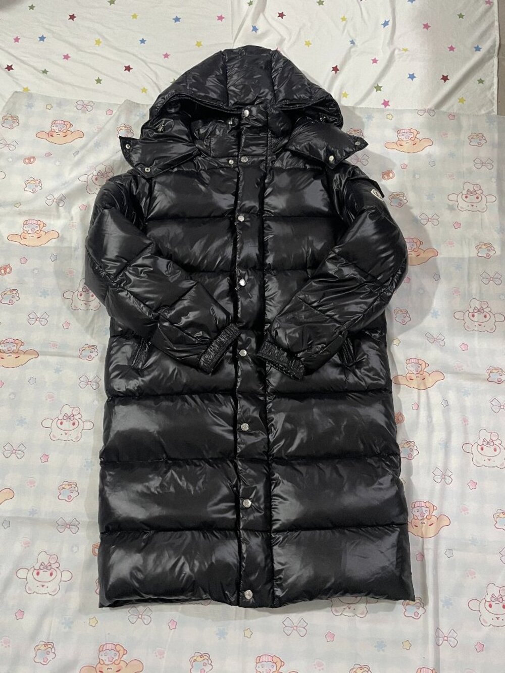 Moncler Long, Glossy Black Hooded Down Jacket